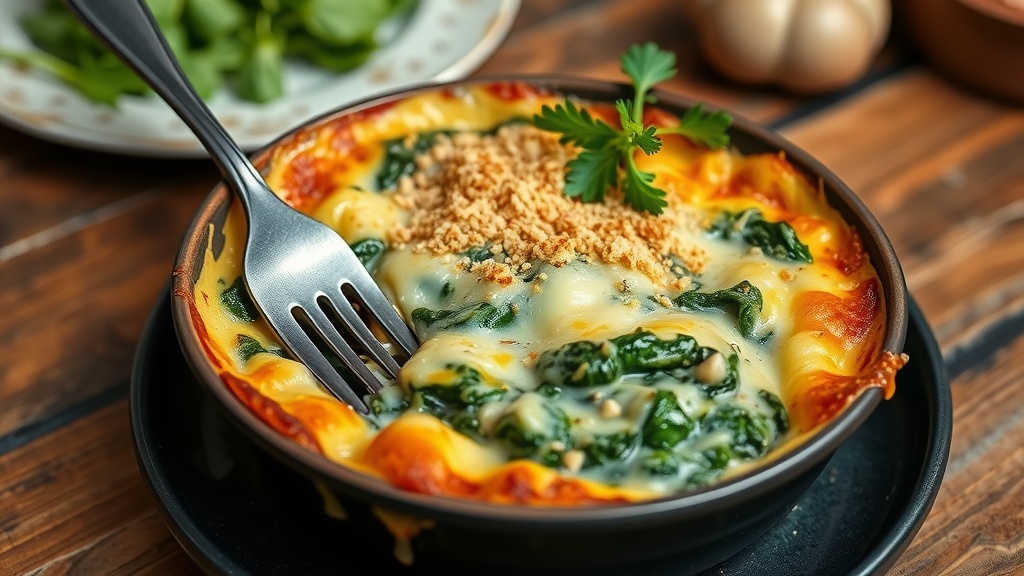 Creamy Spinach Gratin Recipe A creamy spinach gratin topped with golden cheese and breadcrumbs served in a baking dish.